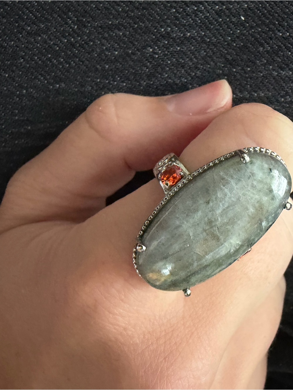 Sterling Silver Fire Labradorite Ring with Simulated Orange Diamond Accent